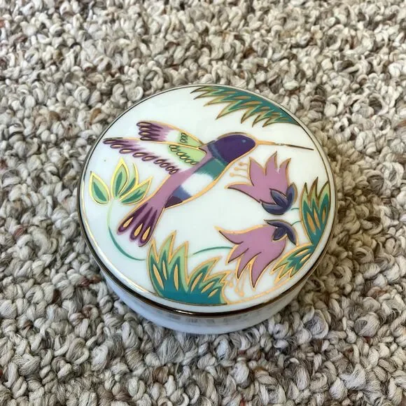 San Diego Zoo Hummingbird Floral Trinket Box Round White Colorful Purple Green - Picture 1 of 6